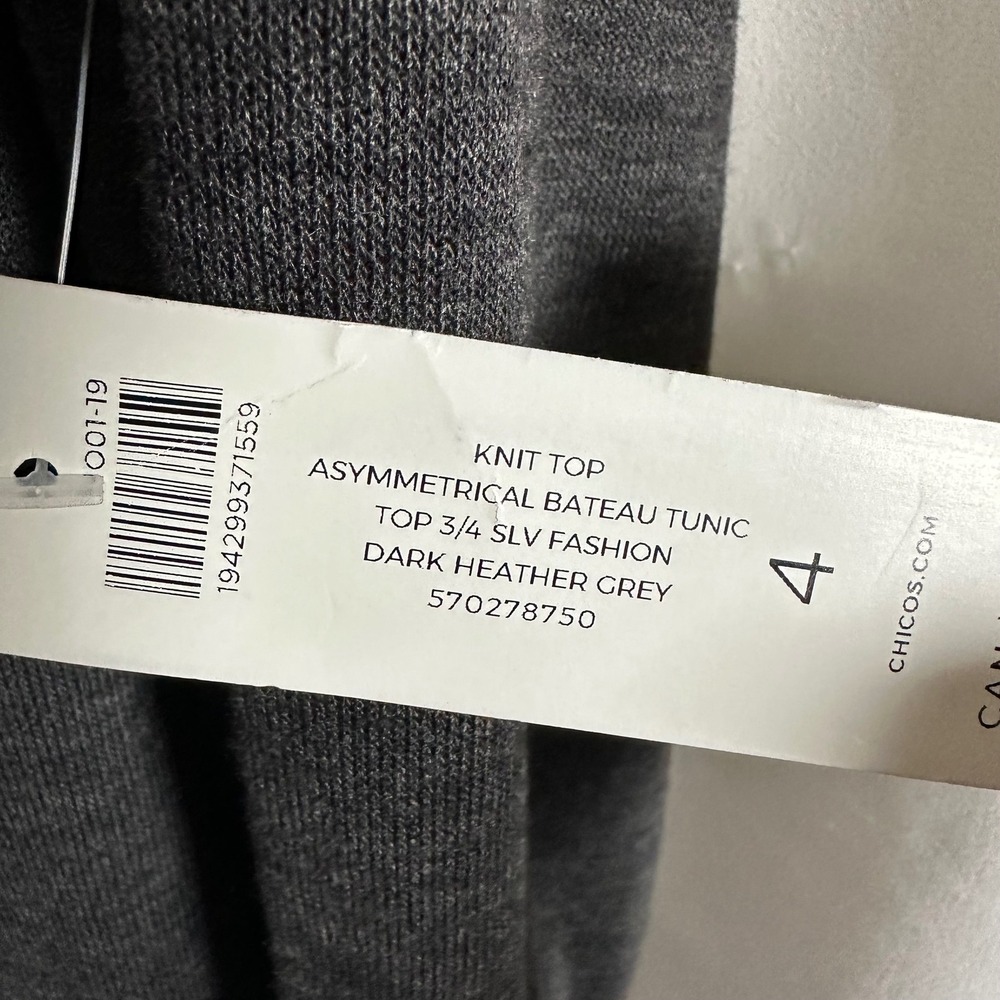 NWT Chico's Asymmetrical Bateau Tunic 3/4 Sleeve Grey 2X Classic Minimalist‎ - Picture 3 of 9